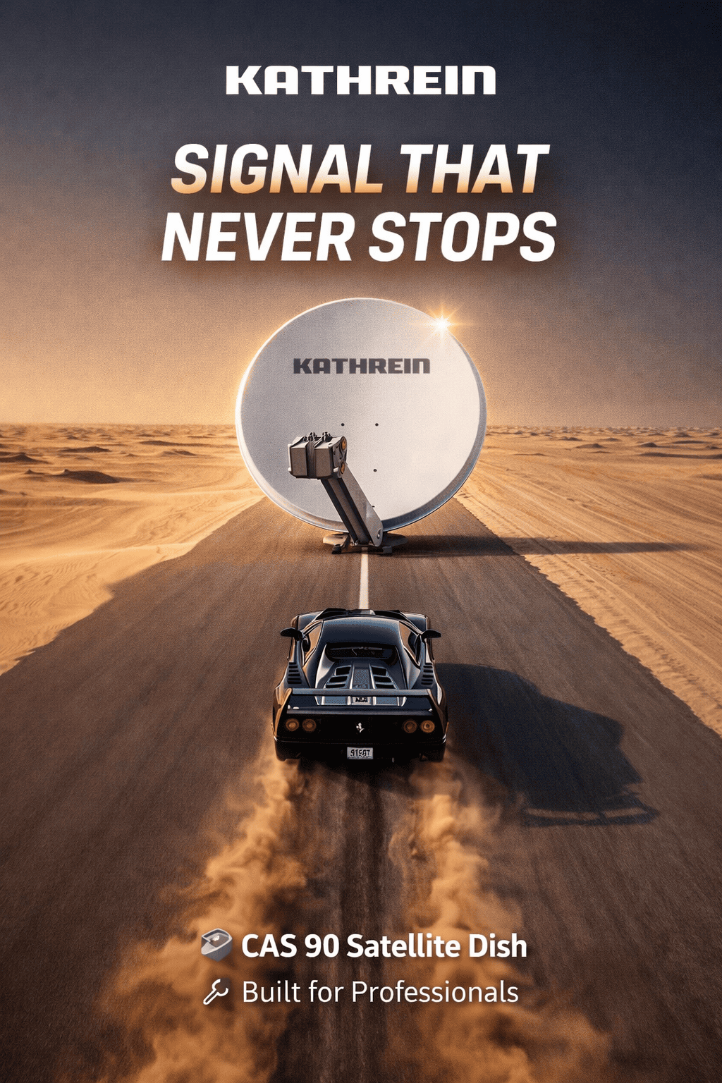 Kathrein satellite dish next to a fast car – professional solution that withstands any environment